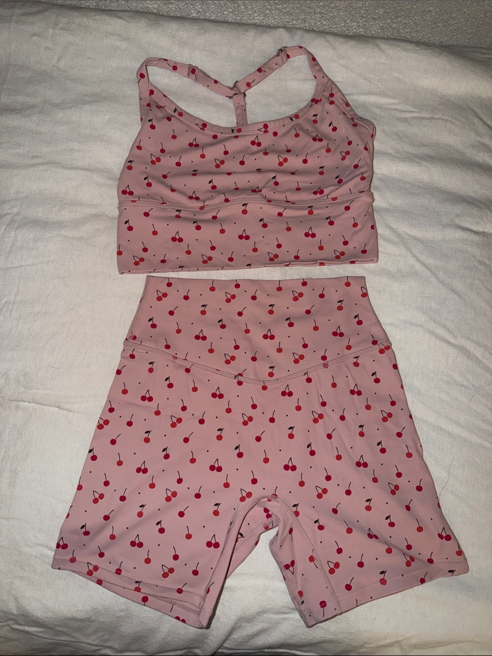 Pink Cherry-Print Sports Bralette and High-Waist Bike Shorts Set